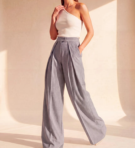 THE AVERY PINSTRIPE WIDE LEG TROUSERS IN GREY