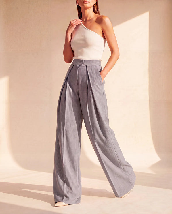 THE AVERY PINSTRIPE WIDE LEG TROUSERS IN GREY