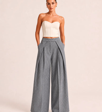 THE AVERY PINSTRIPE WIDE LEG TROUSERS IN GREY