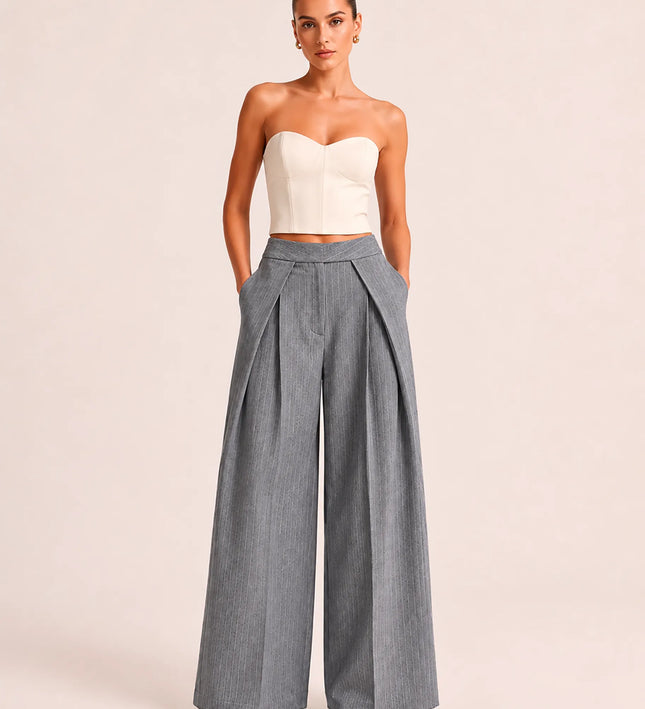 THE AVERY PINSTRIPE WIDE LEG TROUSERS IN GREY