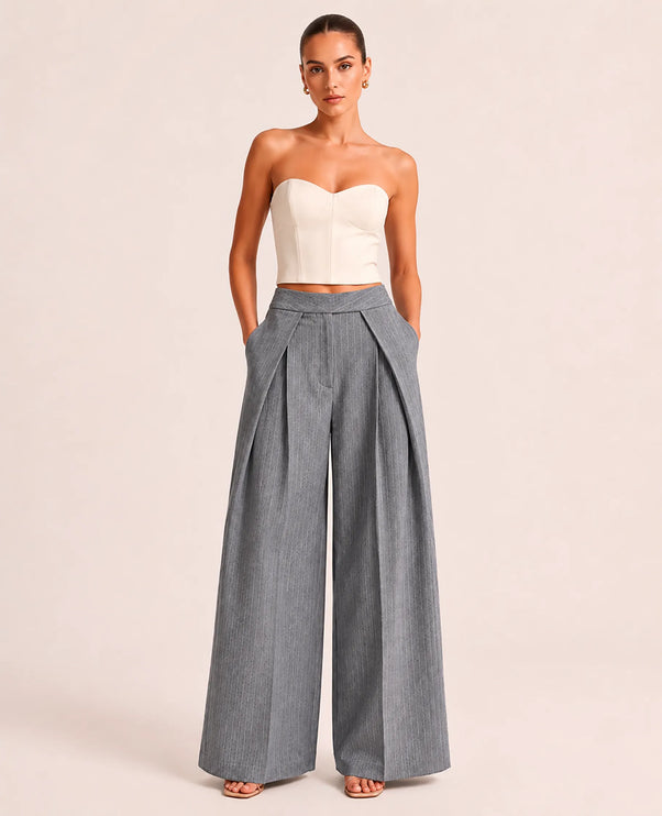 THE AVERY PINSTRIPE WIDE LEG TROUSERS IN GREY