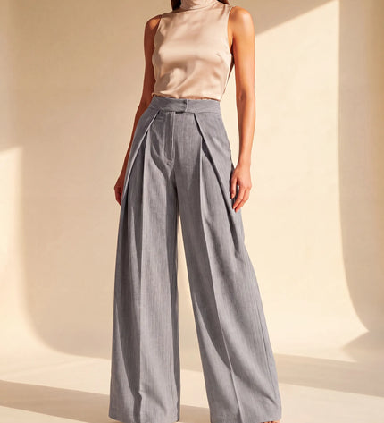THE AVERY PINSTRIPE WIDE LEG TROUSERS IN GREY
