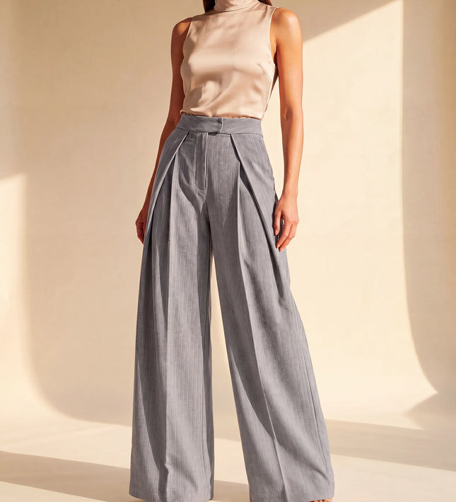 THE AVERY PINSTRIPE WIDE LEG TROUSERS IN GREY