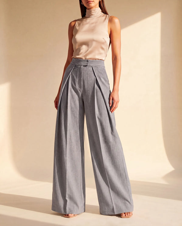 THE AVERY PINSTRIPE WIDE LEG TROUSERS IN GREY