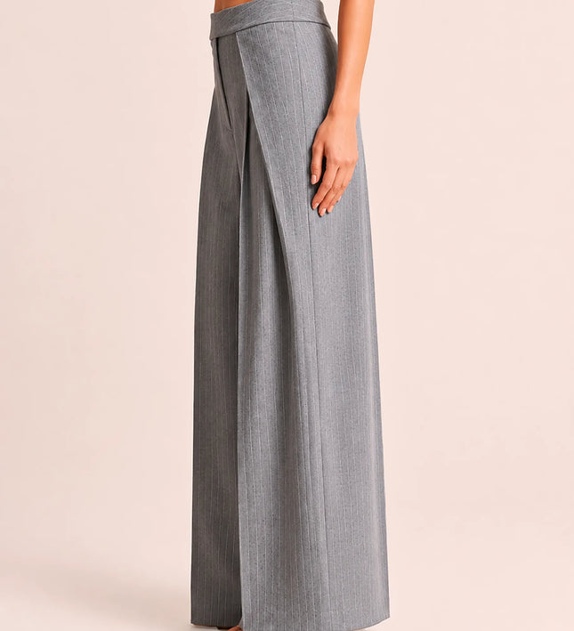 THE AVERY PINSTRIPE WIDE LEG TROUSERS IN GREY