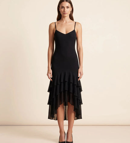 THE SCARLETT RUFFLE HEM MIDI DRESS IN BLACK