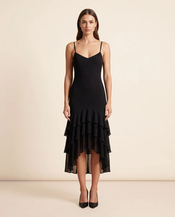 THE SCARLETT RUFFLE HEM MIDI DRESS IN BLACK
