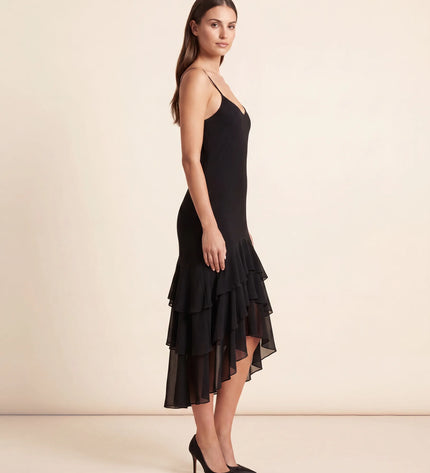 THE SCARLETT RUFFLE HEM MIDI DRESS IN BLACK