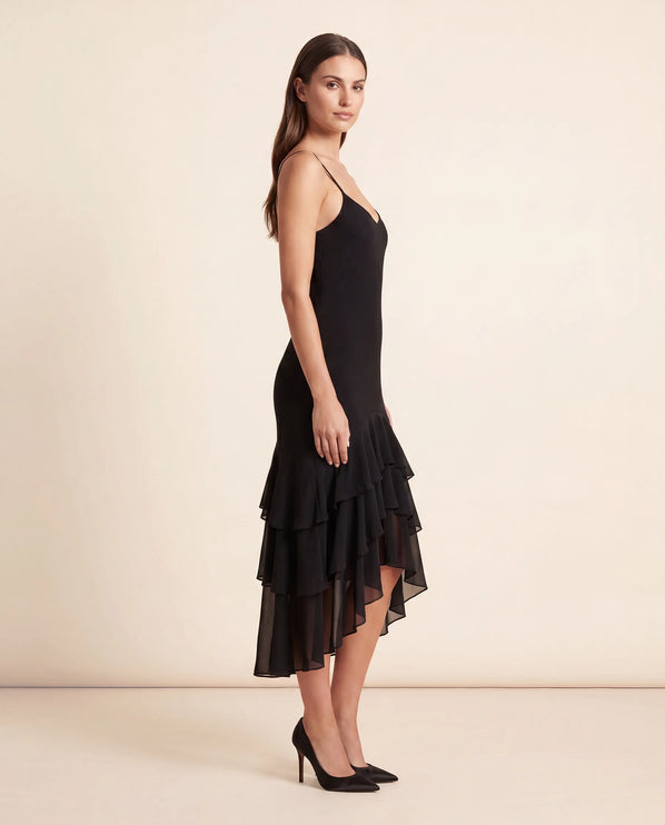 THE SCARLETT RUFFLE HEM MIDI DRESS IN BLACK