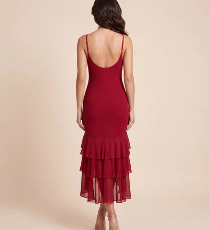 THE SCARLETT RUFFLE HEM MIDI DRESS IN CHERRY RED