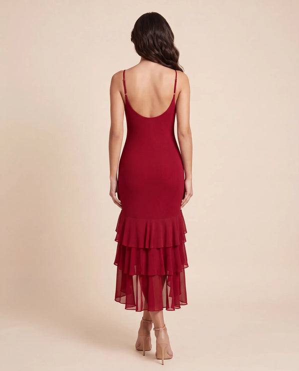 THE SCARLETT RUFFLE HEM MIDI DRESS IN CHERRY RED