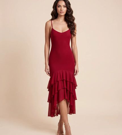 THE SCARLETT RUFFLE HEM MIDI DRESS IN CHERRY RED
