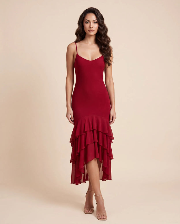 THE SCARLETT RUFFLE HEM MIDI DRESS IN CHERRY RED