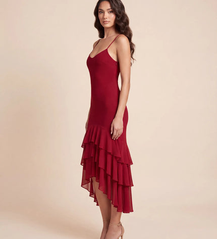 THE SCARLETT RUFFLE HEM MIDI DRESS IN CHERRY RED