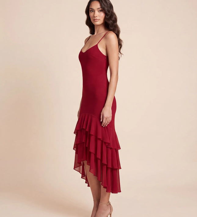 THE SCARLETT RUFFLE HEM MIDI DRESS IN CHERRY RED