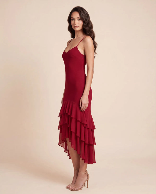 THE SCARLETT RUFFLE HEM MIDI DRESS IN CHERRY RED