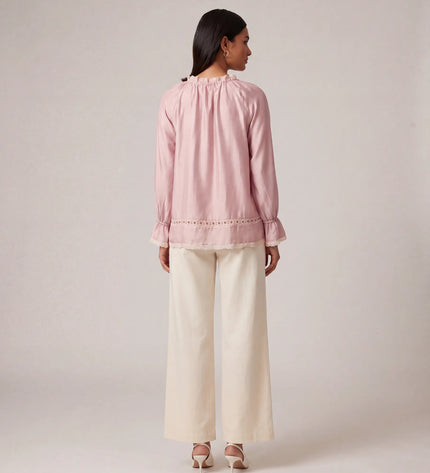 THE CELESTE LACE TRIM BLOUSE IN BLUSH PINK