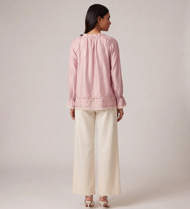 THE CELESTE LACE TRIM BLOUSE IN BLUSH PINK