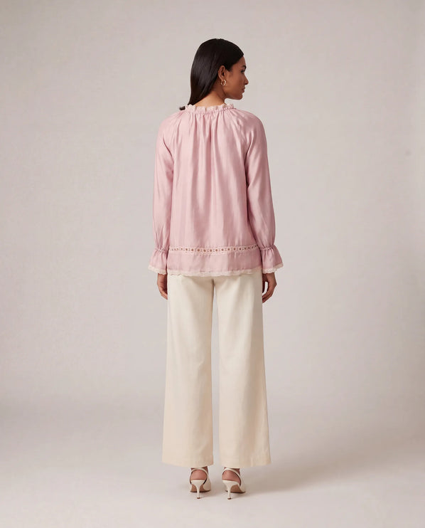 THE CELESTE LACE TRIM BLOUSE IN BLUSH PINK