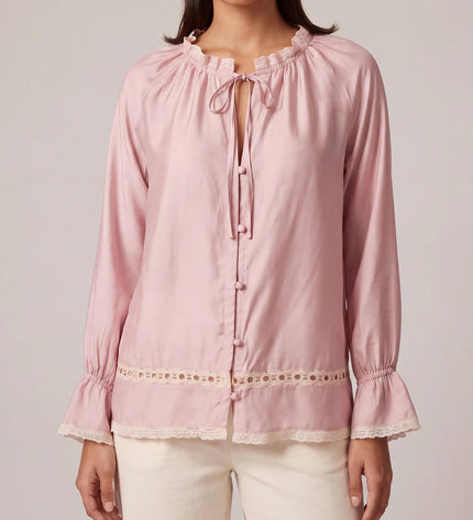 THE CELESTE LACE TRIM BLOUSE IN BLUSH PINK