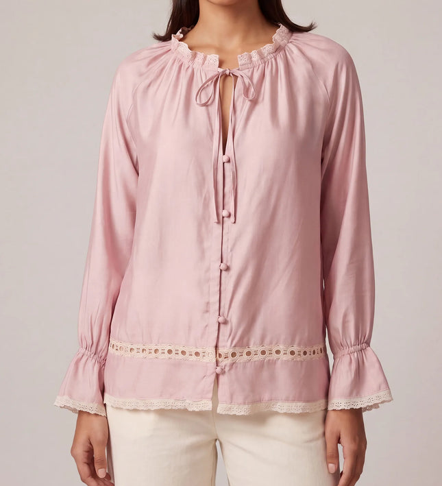 THE CELESTE LACE TRIM BLOUSE IN BLUSH PINK