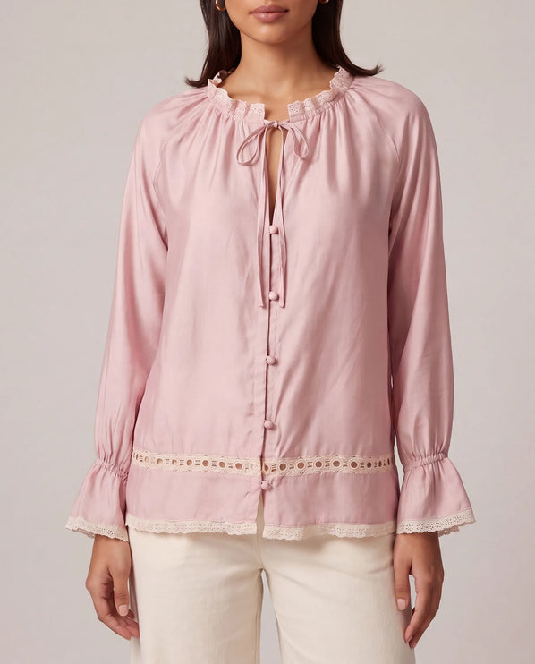 THE CELESTE LACE TRIM BLOUSE IN BLUSH PINK