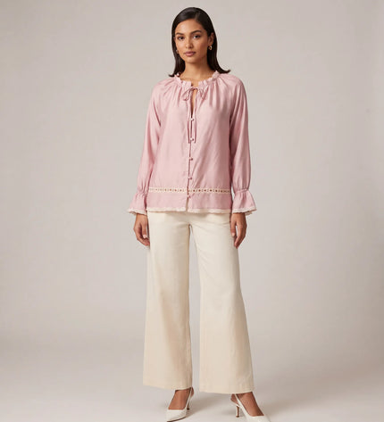 THE CELESTE LACE TRIM BLOUSE IN BLUSH PINK