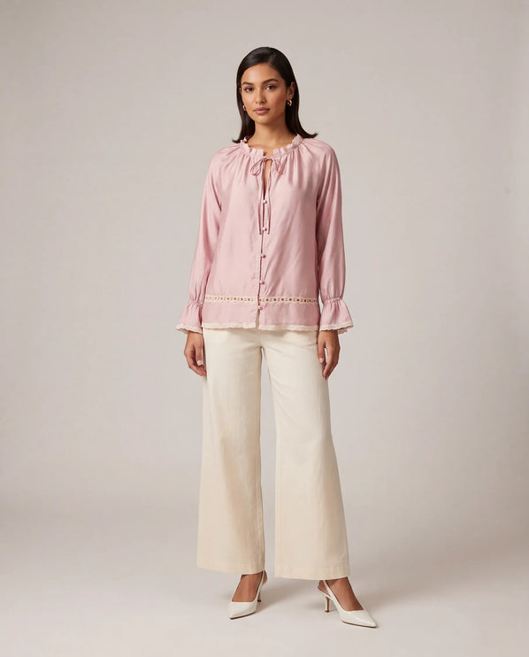 THE CELESTE LACE TRIM BLOUSE IN BLUSH PINK