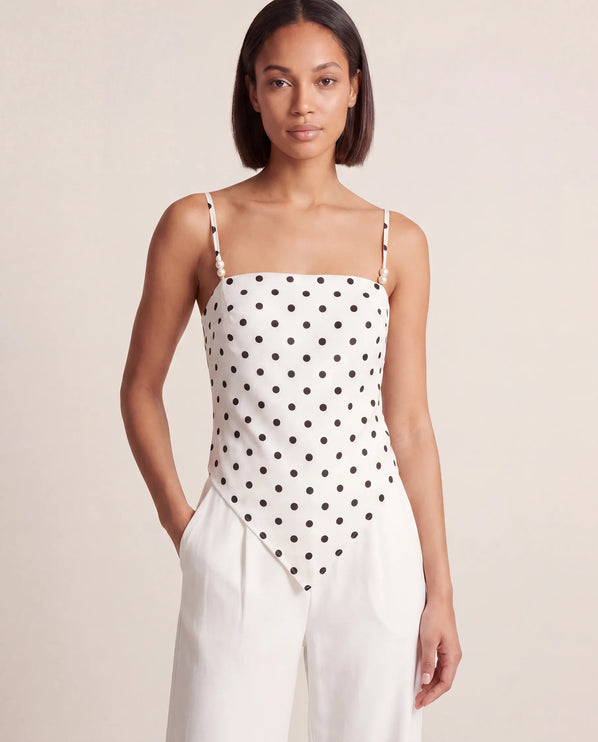 THE SAVANNAH TIE-BACK CAMI TOP IN WHITE POLKA DOT