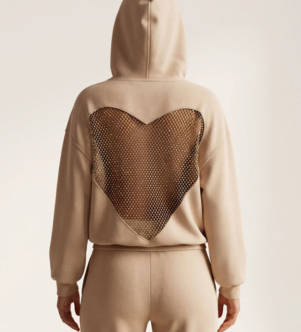 THE VALENTINA EMBELLISHED HEART HOODIE IN SOFT BEIGE