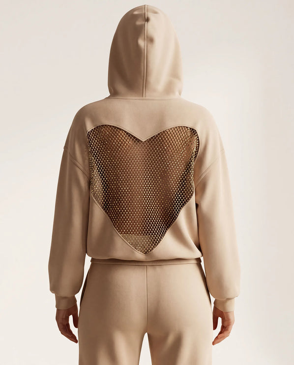 THE VALENTINA EMBELLISHED HEART HOODIE IN SOFT BEIGE