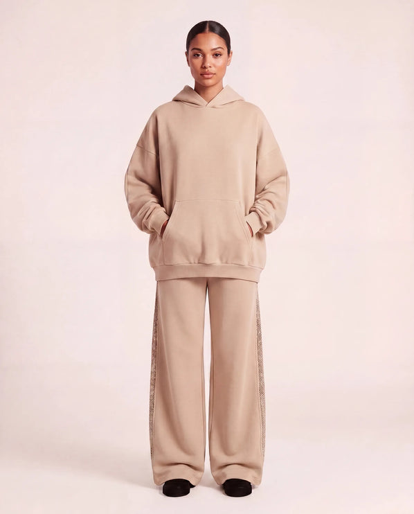 THE VALENTINA EMBELLISHED HEART HOODIE IN SOFT BEIGE