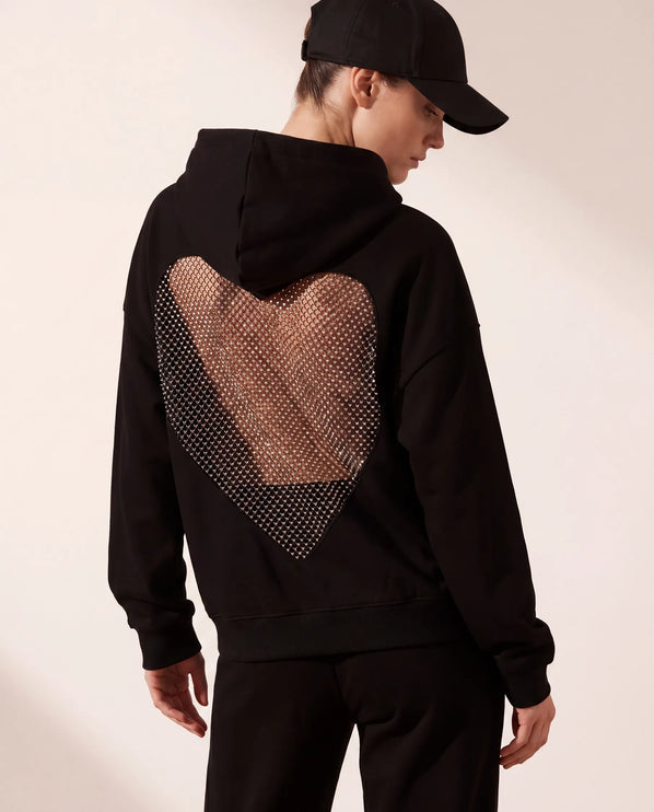 THE VALENTINA EMBELLISHED HEART HOODIE IN BLACK