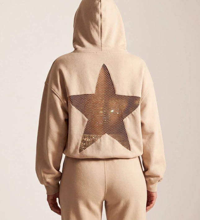 THE ASTRID EMBELLISHED MESH STAR HOODIE IN SOFT BEIGE