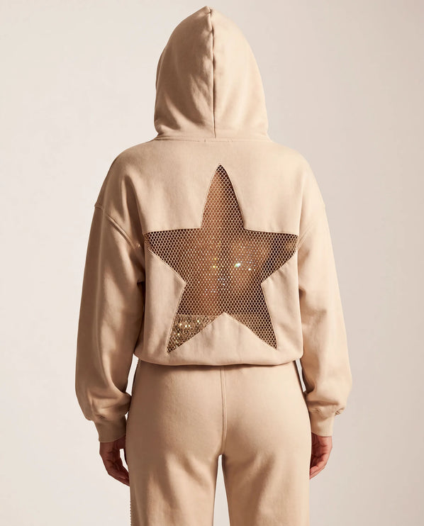 THE ASTRID EMBELLISHED MESH STAR HOODIE IN SOFT BEIGE
