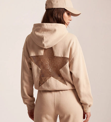 THE ASTRID EMBELLISHED MESH STAR HOODIE IN SOFT BEIGE