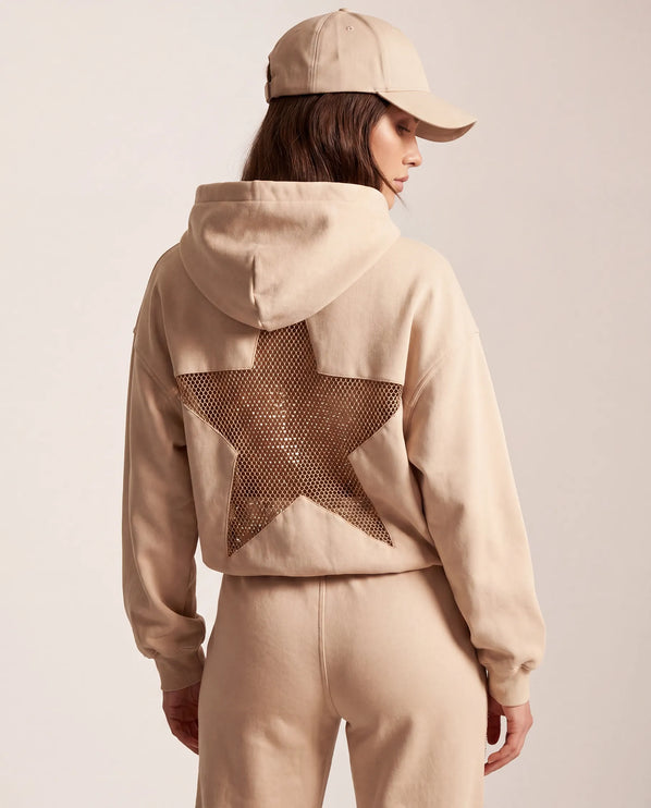 THE ASTRID EMBELLISHED MESH STAR HOODIE IN SOFT BEIGE