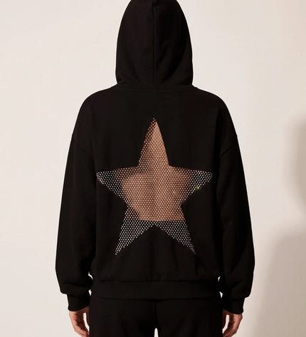 THE ASTRID EMBELLISHED MESH STAR HOODIE IN BLACK
