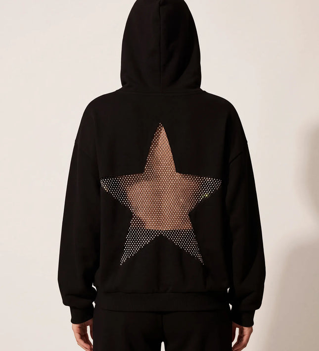 THE ASTRID EMBELLISHED MESH STAR HOODIE IN BLACK
