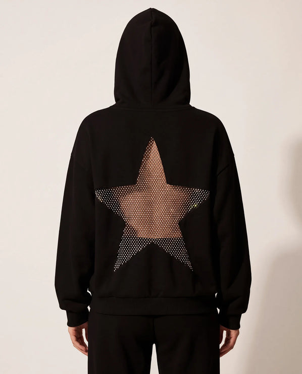 THE ASTRID EMBELLISHED MESH STAR HOODIE IN BLACK