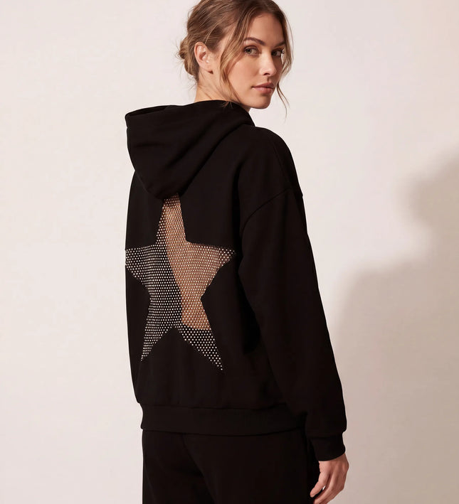 THE ASTRID EMBELLISHED MESH STAR HOODIE IN BLACK