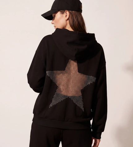 THE ASTRID EMBELLISHED MESH STAR HOODIE IN BLACK