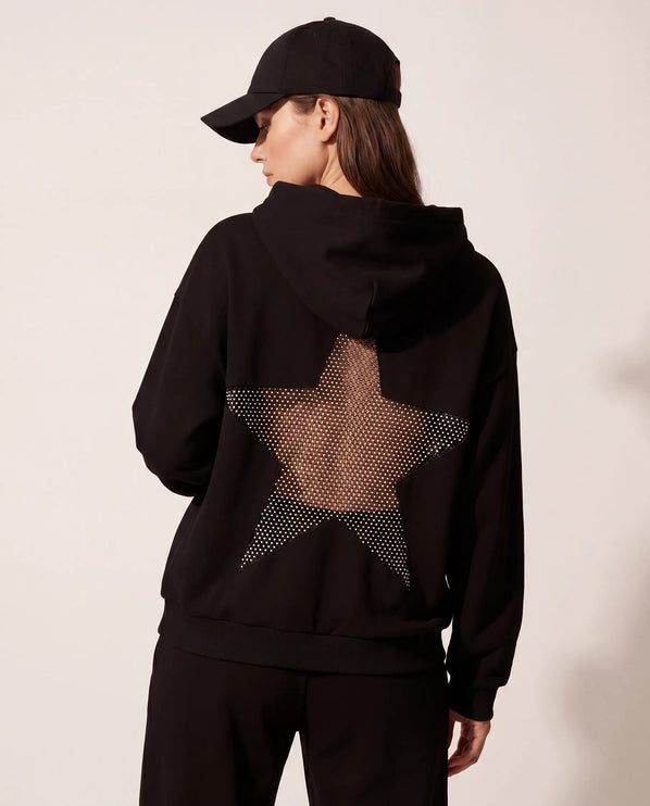 THE ASTRID EMBELLISHED MESH STAR HOODIE IN BLACK