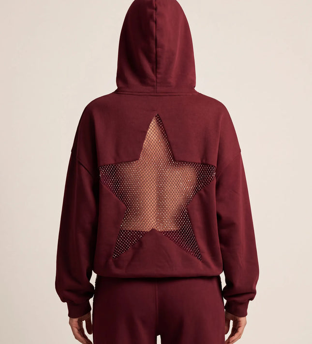 THE ASTRID EMBELLISHED MESH STAR HOODIE IN BURGUNDY