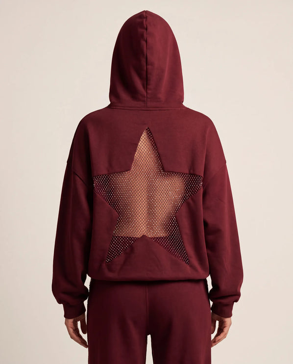 THE ASTRID EMBELLISHED MESH STAR HOODIE IN BURGUNDY