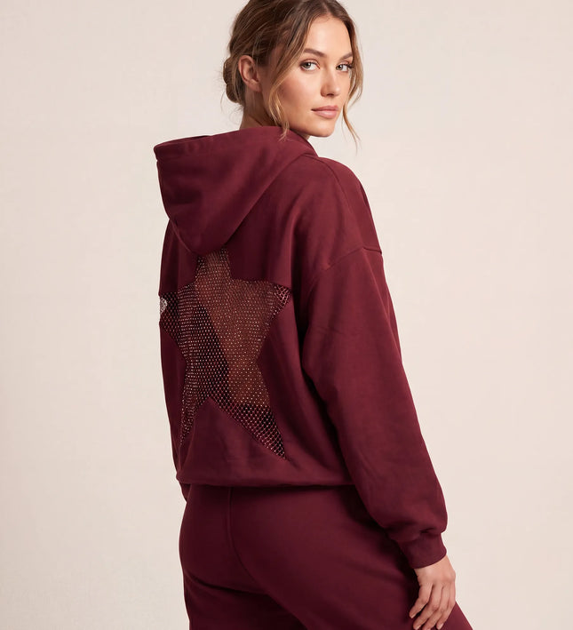 THE ASTRID EMBELLISHED MESH STAR HOODIE IN BURGUNDY