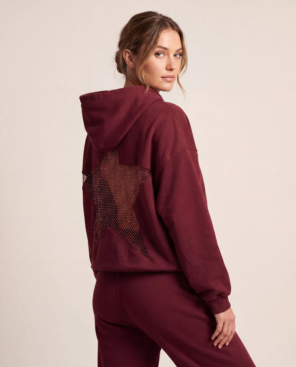 THE ASTRID EMBELLISHED MESH STAR HOODIE IN BURGUNDY