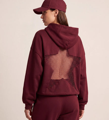 THE ASTRID EMBELLISHED MESH STAR HOODIE IN BURGUNDY