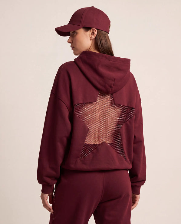 THE ASTRID EMBELLISHED MESH STAR HOODIE IN BURGUNDY