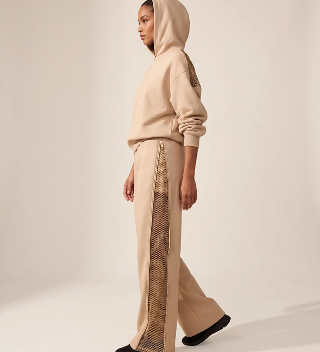 THE AURORA EMBELLISHED MESH PANEL HOODIE IN SOFT BEIGE